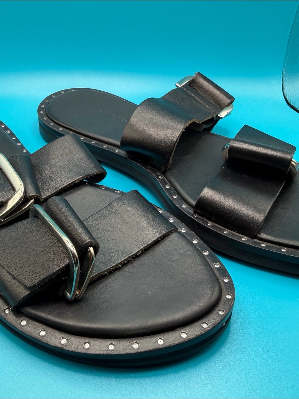 French Connection Black Leather Double-Buckle Slide Sandals with Stud Accents